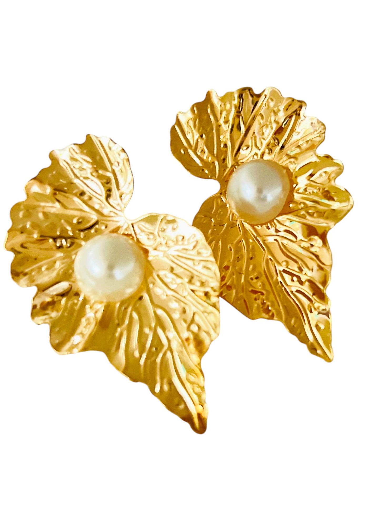 Golden Pearl Leaf Earring