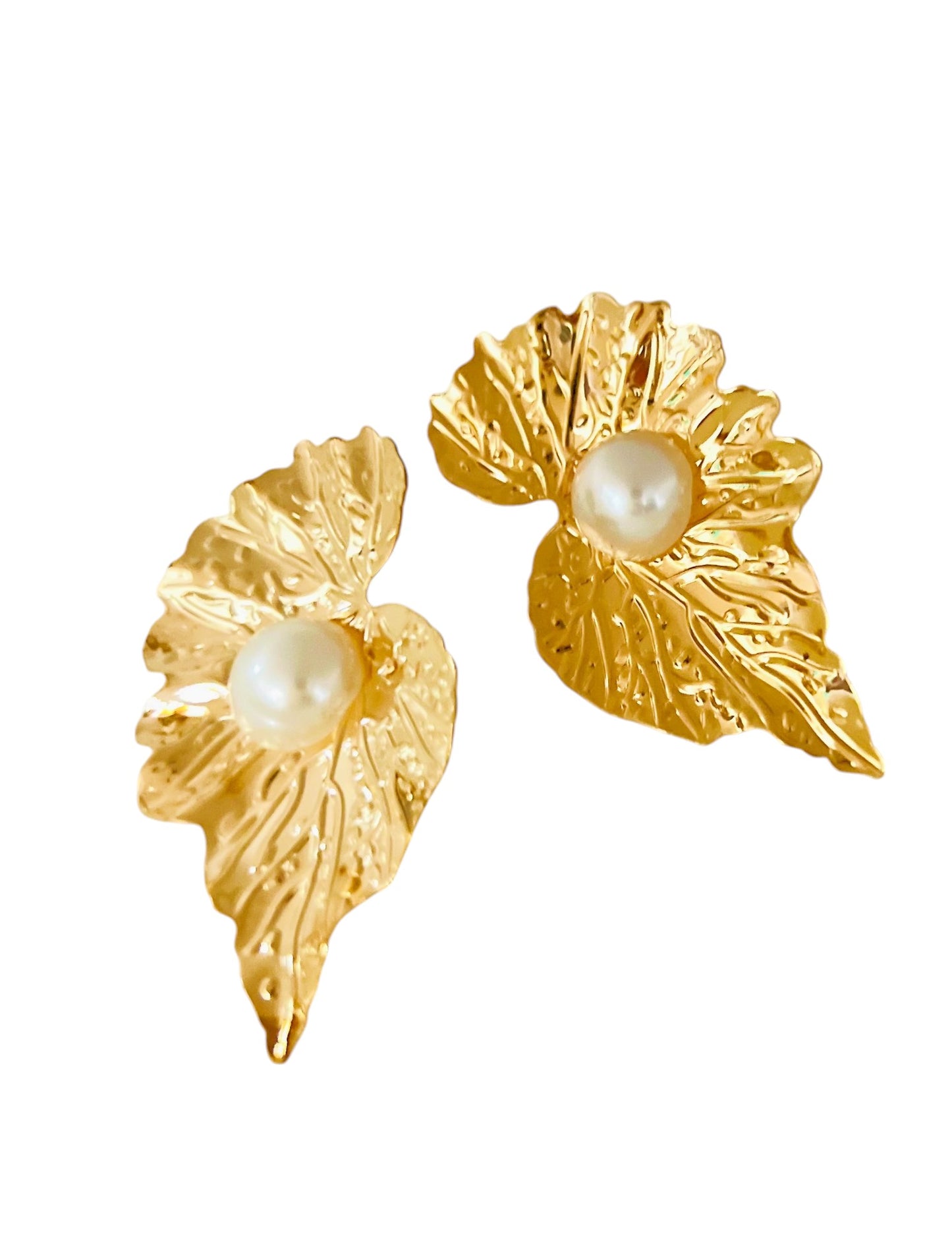 Golden Pearl Leaf Earring