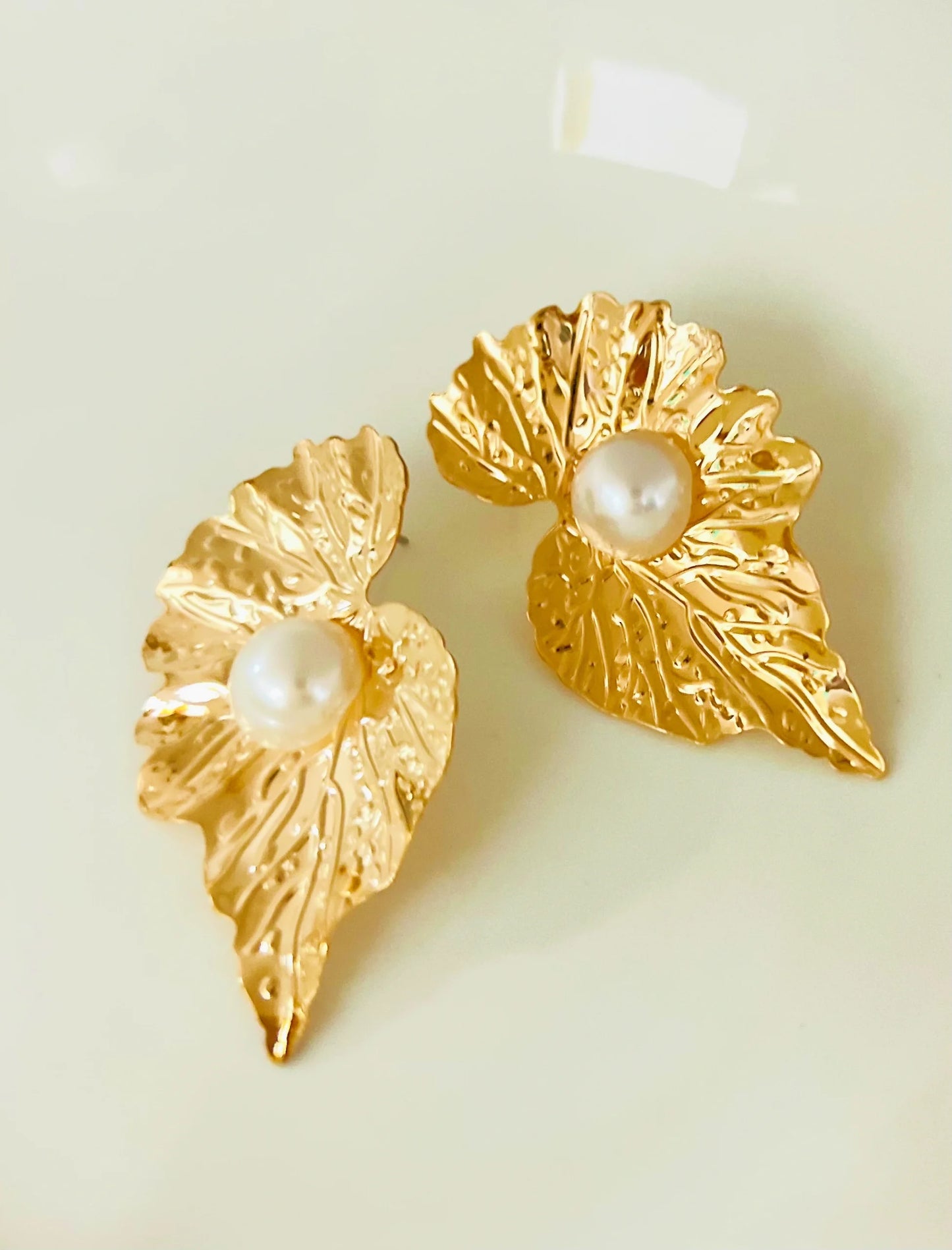 Golden Pearl Leaf Earring