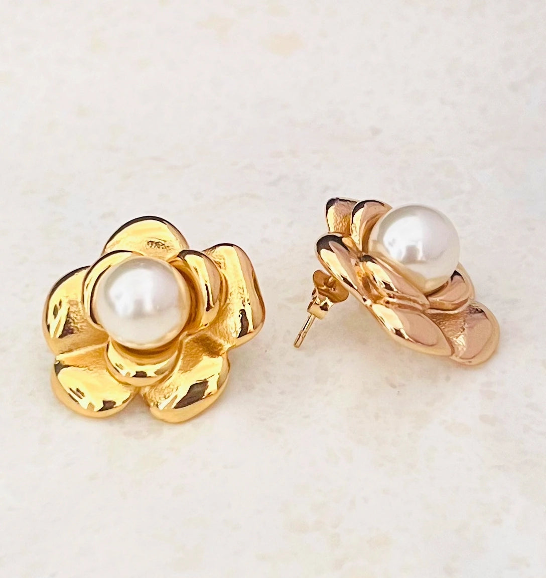 Sculpted Gold Flower Pearl Earrings