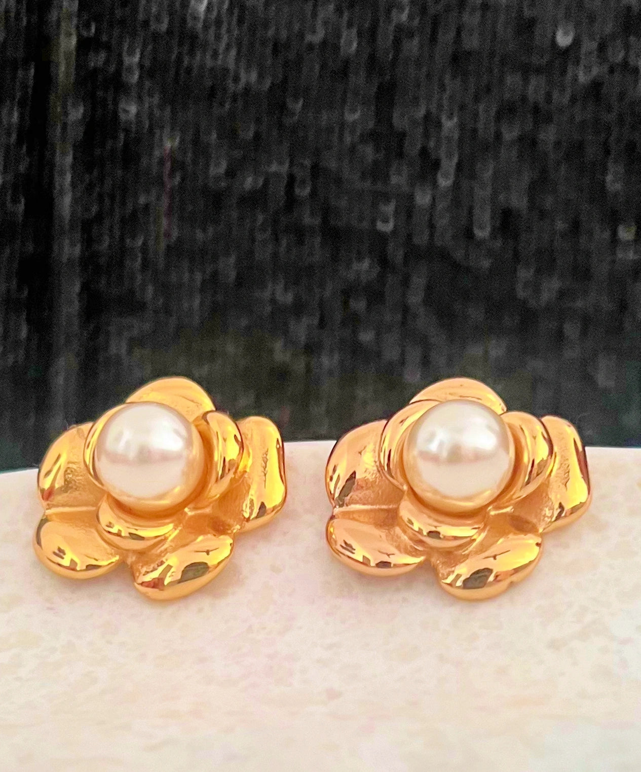 Sculpted Gold Flower Pearl Earrings