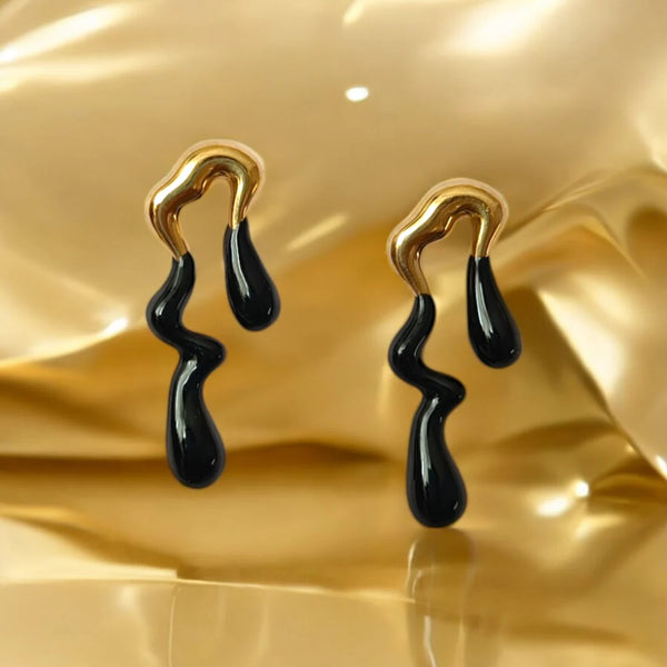 Abstract Drop Gold Plated Earrings - Black