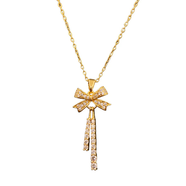 Aurora Bow Gold Plated Necklace – Crystal Cascade Pendant