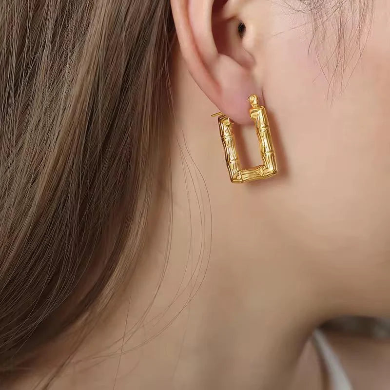 Bamboo Rectangle Gold Plated Earrings