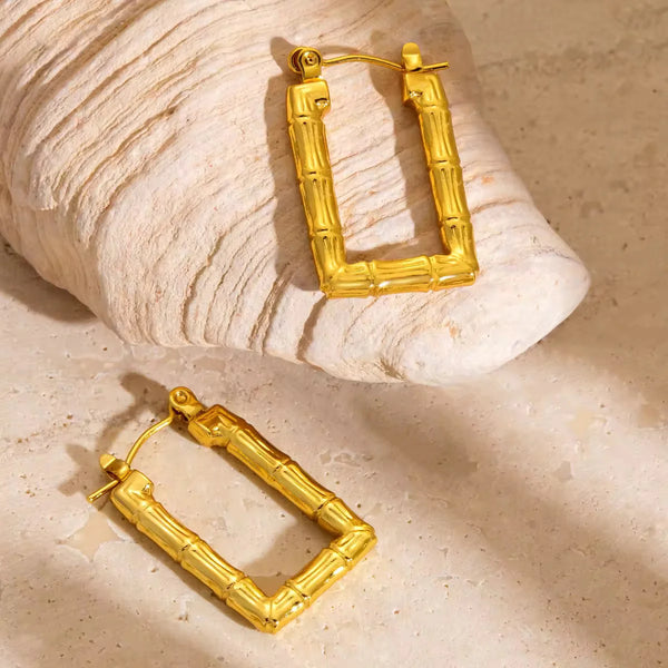Bamboo Rectangle Gold Plated Earrings