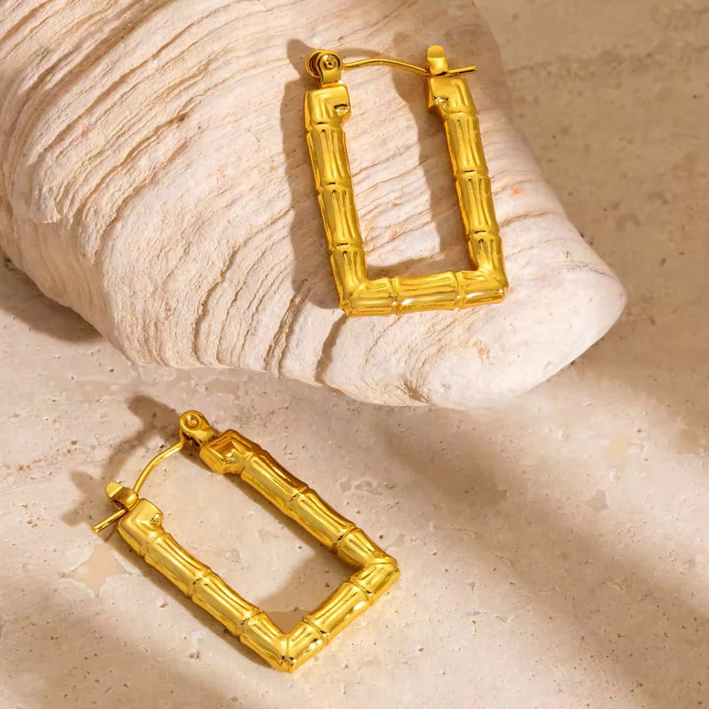 Bamboo Rectangle Gold Plated Earrings