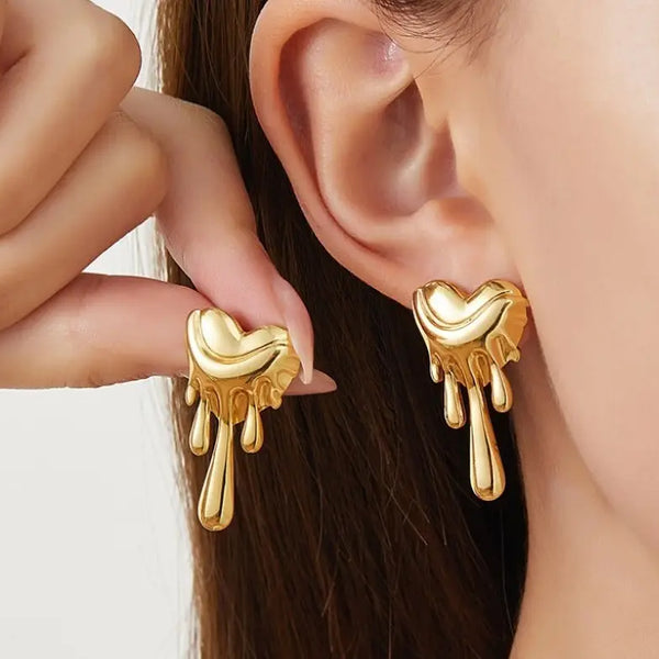 Dripping Heart Gold Plated Earrings – Modern Molten Design