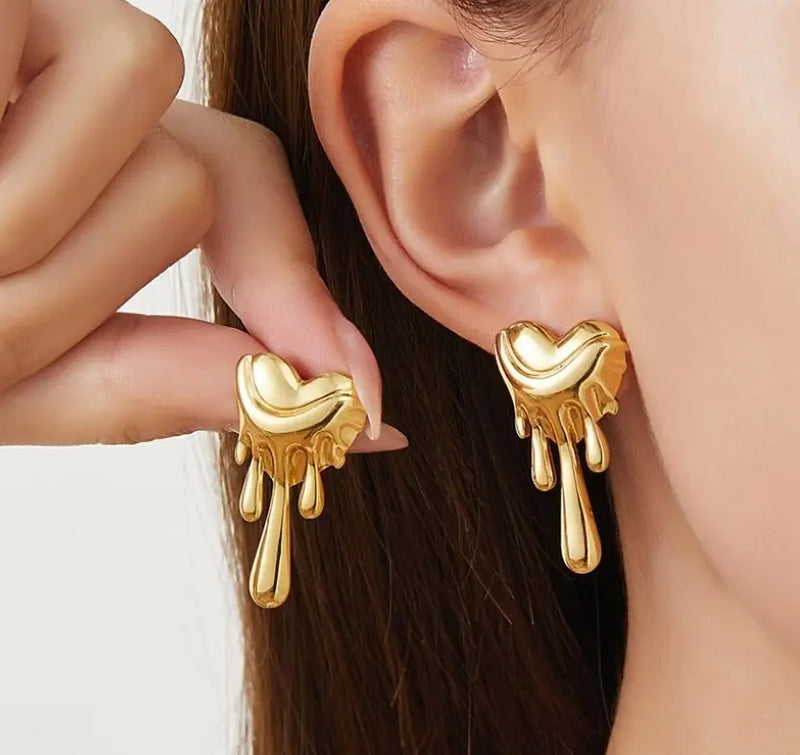 Dripping Heart Gold Plated Earrings – Modern Molten Design