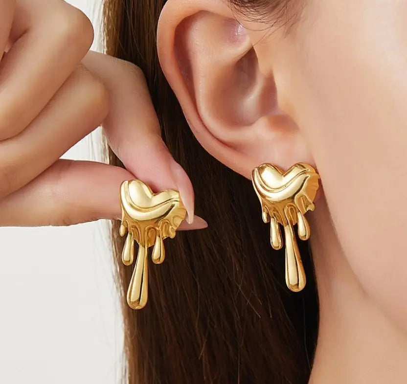 Dripping Heart Gold Plated Earrings – Modern Molten Design