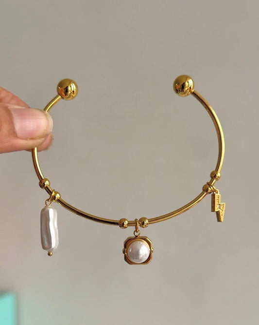 Electric Pearl Charm Cuff Bracelet