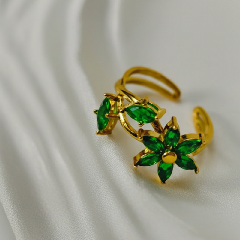 Emerald Blossom Adjustable Gold Ring