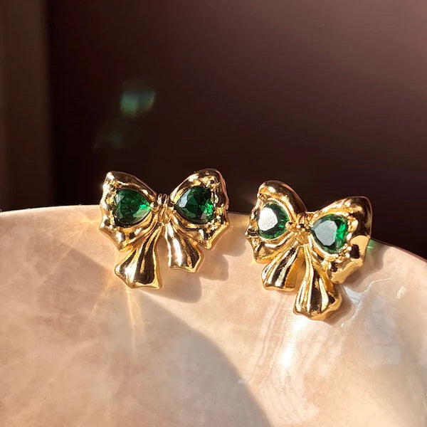 Emerald Bow Gold Plated Earrings