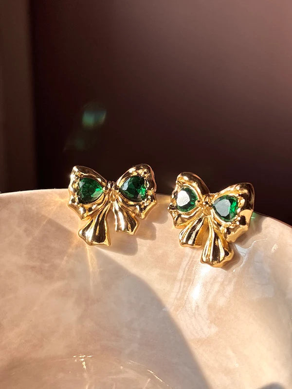 Emerald Bow Gold Plated Earrings