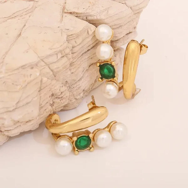 Emerald & Pearl Gold Plated Earrings