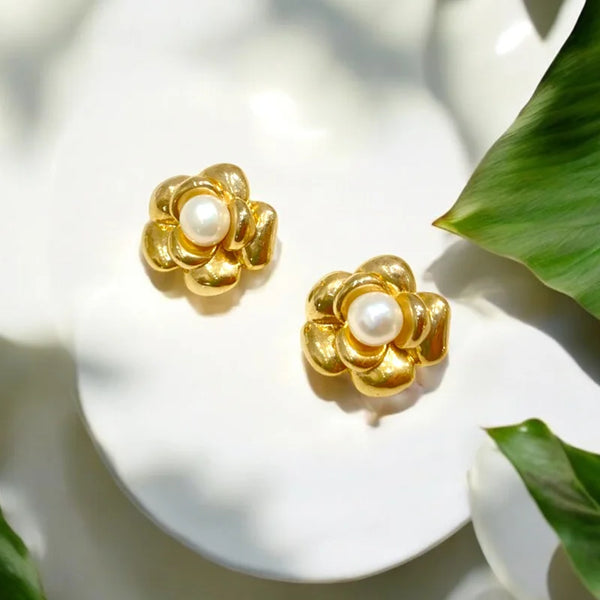 Floral Pearl Gold Plated Stud Earrings