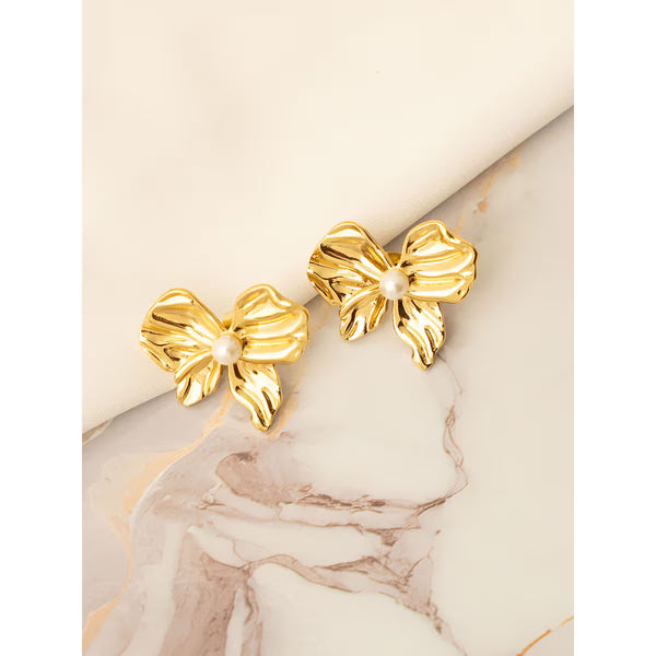 Gold Plated Bow Pearl Stud Earrings