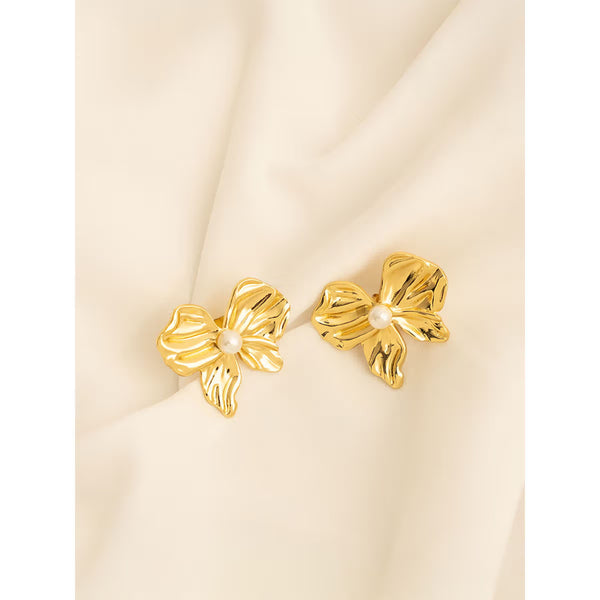 Gold Plated Bow Pearl Stud Earrings