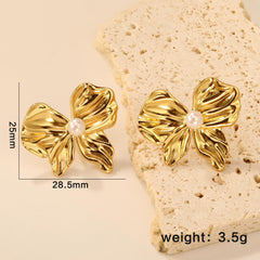 Gold Plated Bow Pearl Stud Earrings