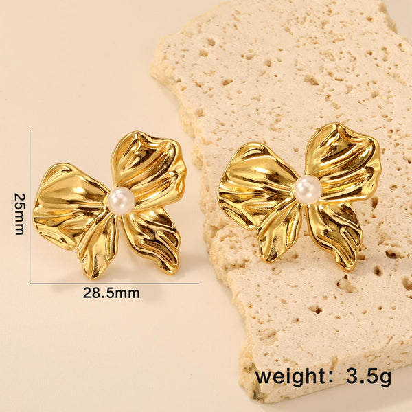 Gold Plated Bow Pearl Stud Earrings