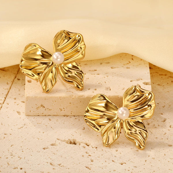 Gold Plated Bow Pearl Stud Earrings