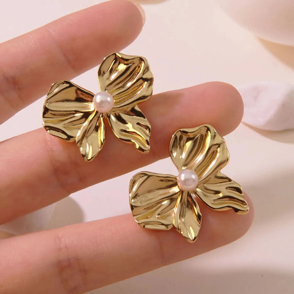 Gold Plated Bow Pearl Stud Earrings