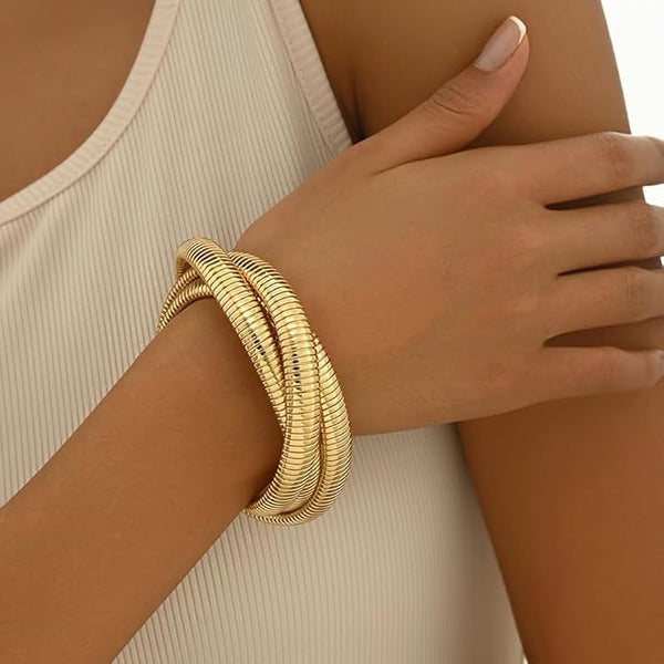 Gold Spiral Trinity Bracelet – Stretch Coil Statement Set