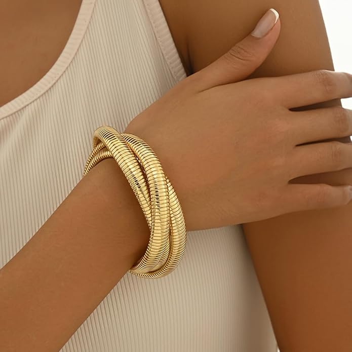 Gold Spiral Trinity Bracelet – Stretch Coil Statement Set Cuff Bracelet