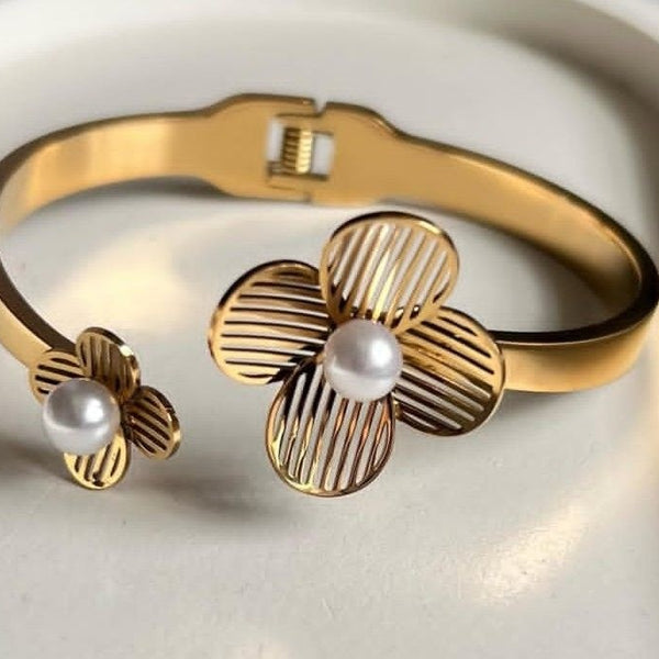Golden Blossom Pearl Cuff Bracelet