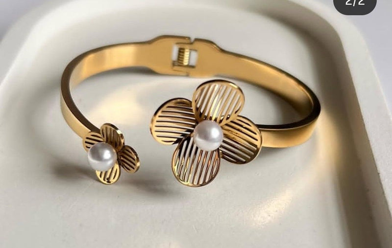 Golden Blossom Pearl Cuff Bracelet