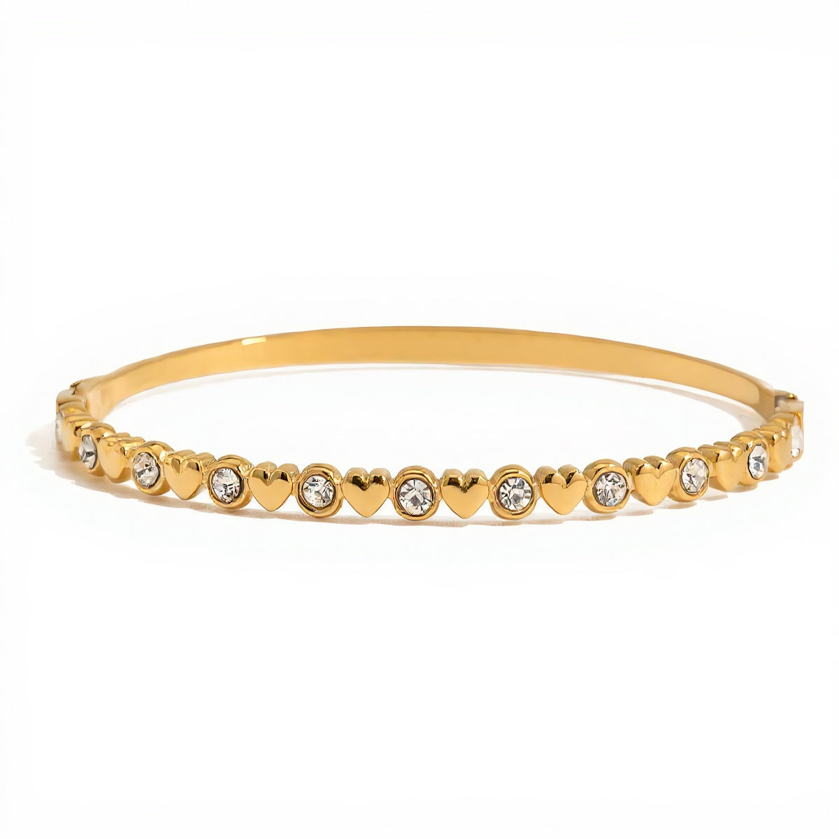 Gold bracelet with heart-shaped beads on a white background