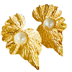 Golden Pearl Leaf Earring