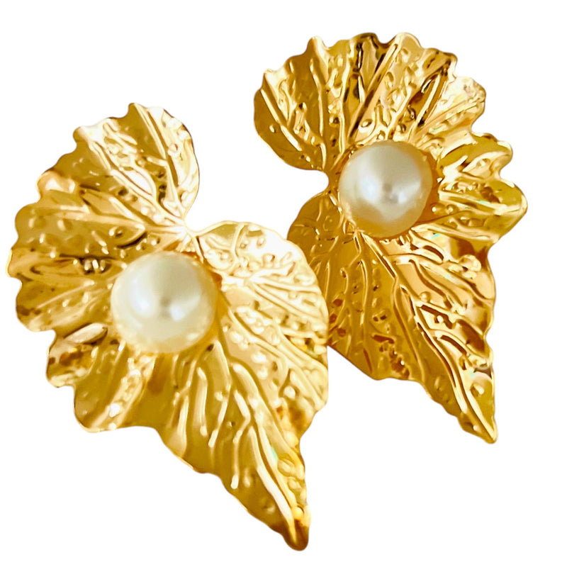 Golden Pearl Leaf Earring