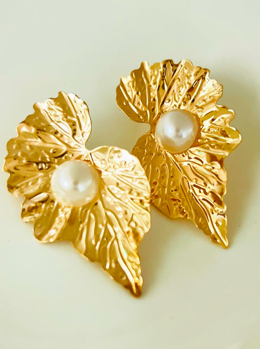 Golden Pearl Leaf Earring