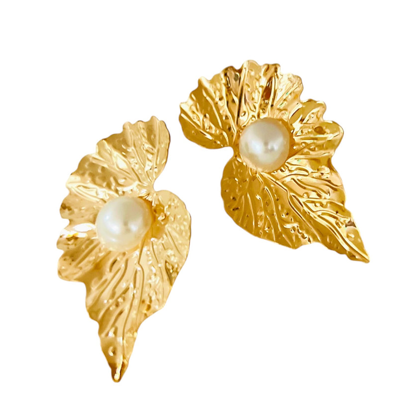 Golden Pearl Leaf Earring