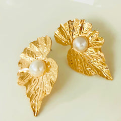 Golden Pearl Leaf Earring