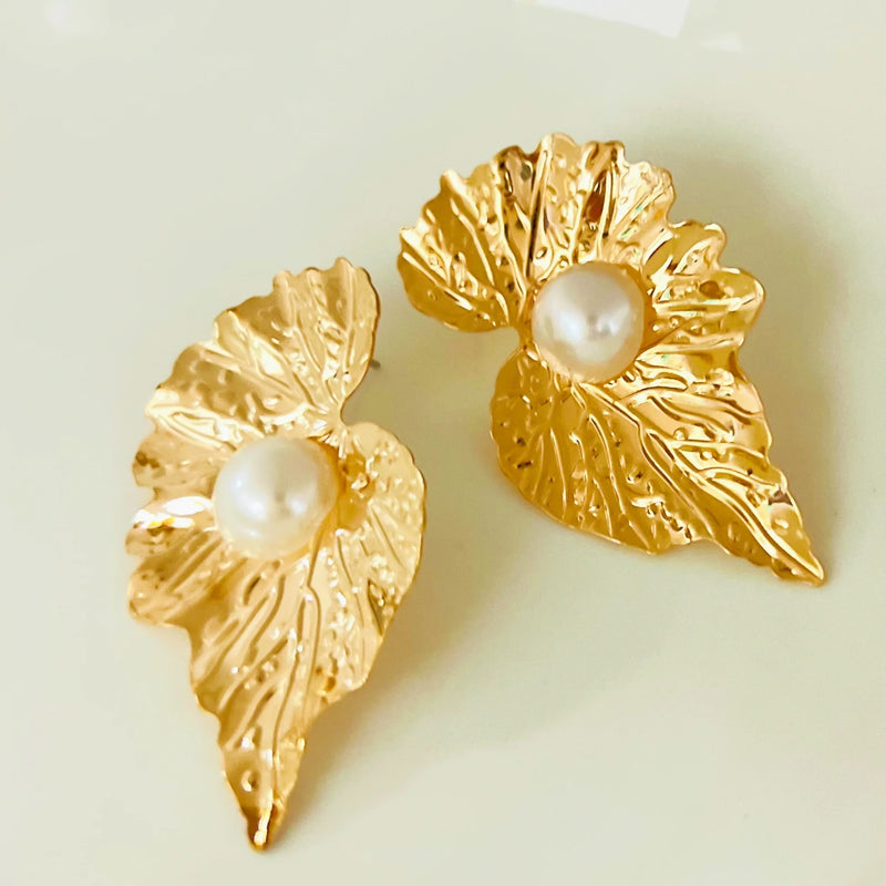 Golden Pearl Leaf Earring