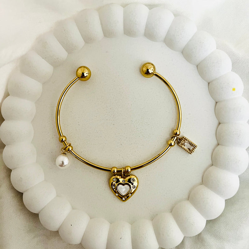 Luxe Heart Pearl Charm Cuff Bracelet