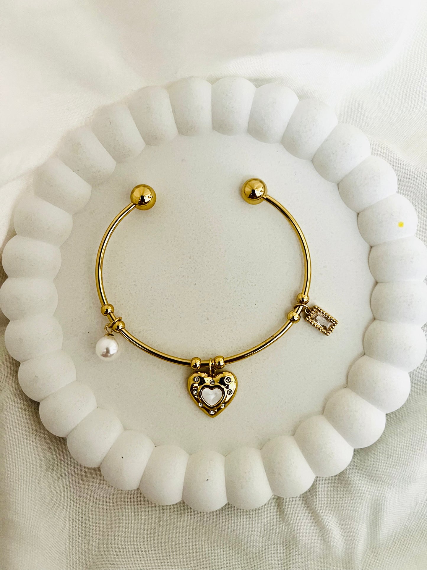 Luxe Heart Pearl Charm Cuff Bracelet