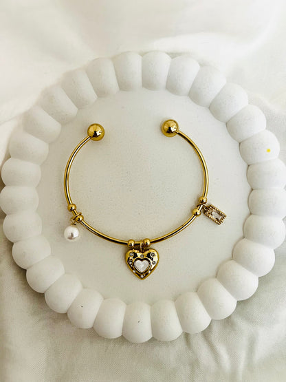 Luxe Heart Pearl Charm Cuff Bracelet