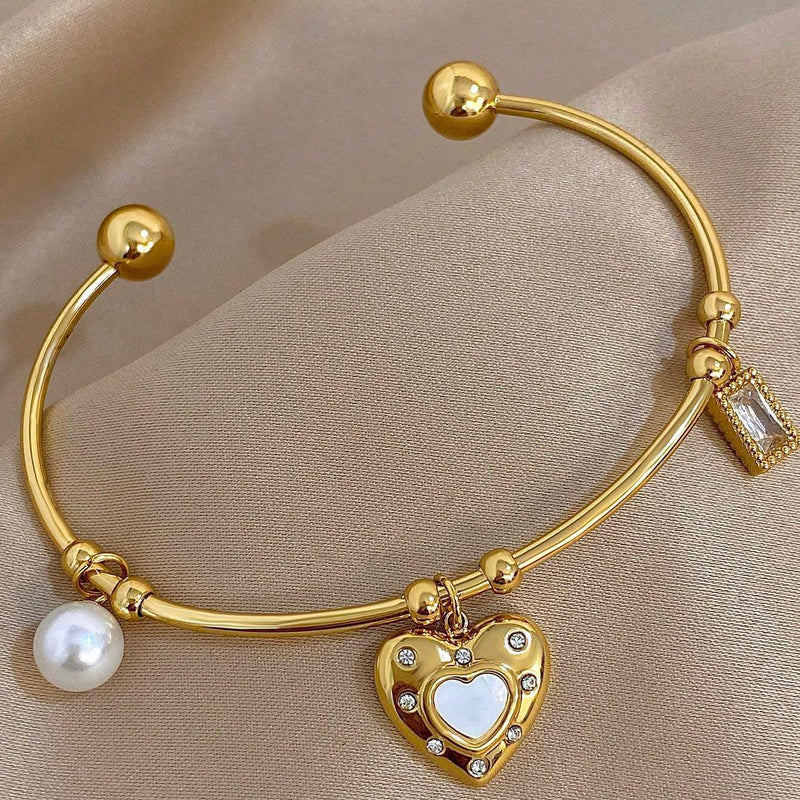 Luxe Heart Pearl Charm Cuff Bracelet