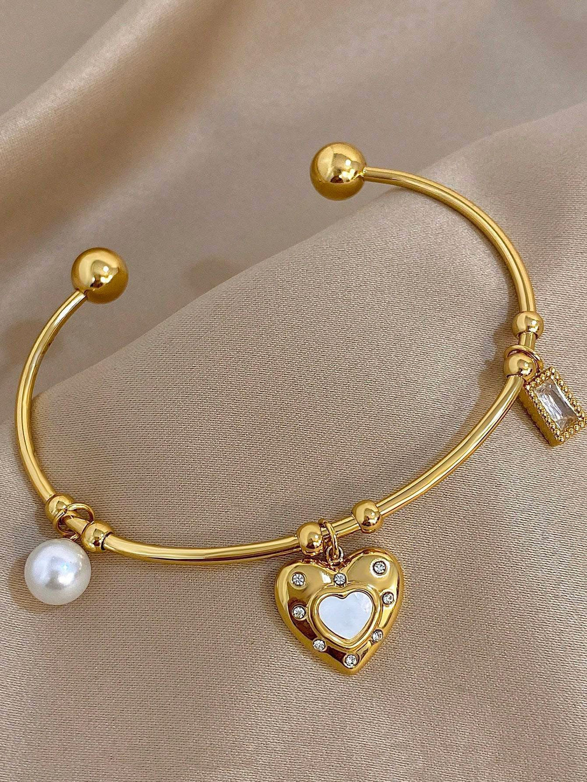 Luxe Heart Pearl Charm Cuff Bracelet