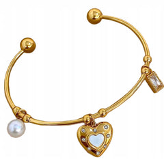 Luxe Heart Pearl Charm Cuff Bracelet
