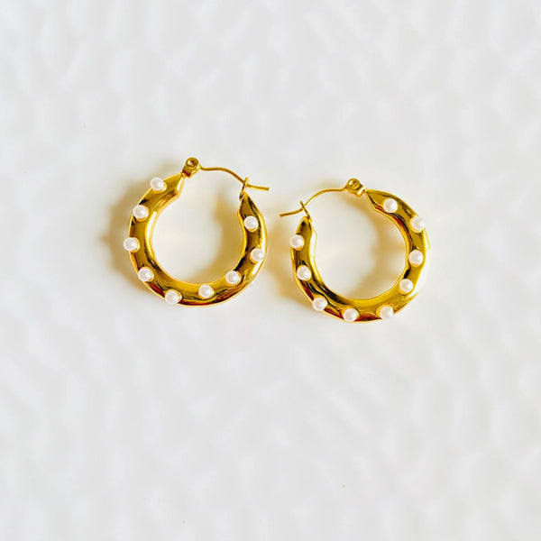 Pearl Accent Gold Hoop Earrings