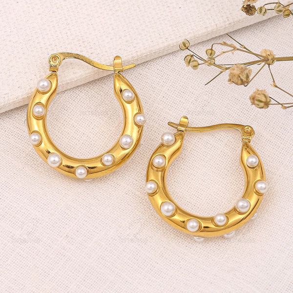 Pearl Accent Gold Hoop Earrings