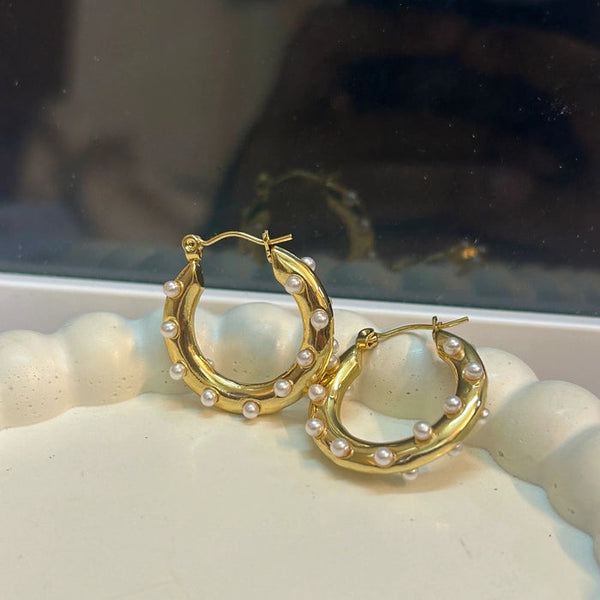 Pearl Accent Gold Hoop Earrings