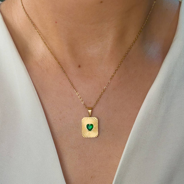 Radiant Heart Gold Plated Pendant – Sunburst Green Stone Necklace