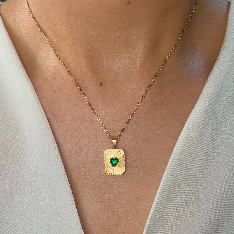 Radiant Heart Gold Plated Pendant – Sunburst Green Stone Necklace