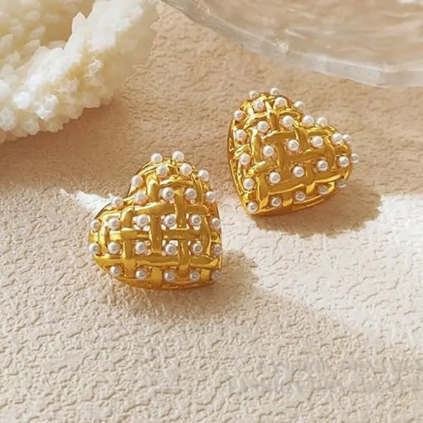 Woven Heart Gold Plated Earrings – Sparkling Statement Studs