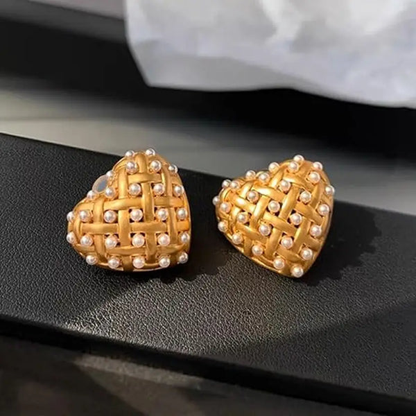 Woven Heart Gold Plated Earrings – Sparkling Statement Studs