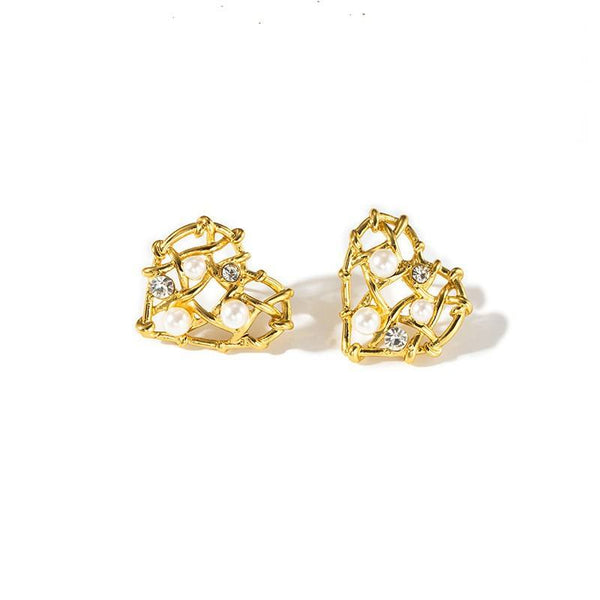 Woven Heart Gold Plated Earrings with Pearls & Crystals